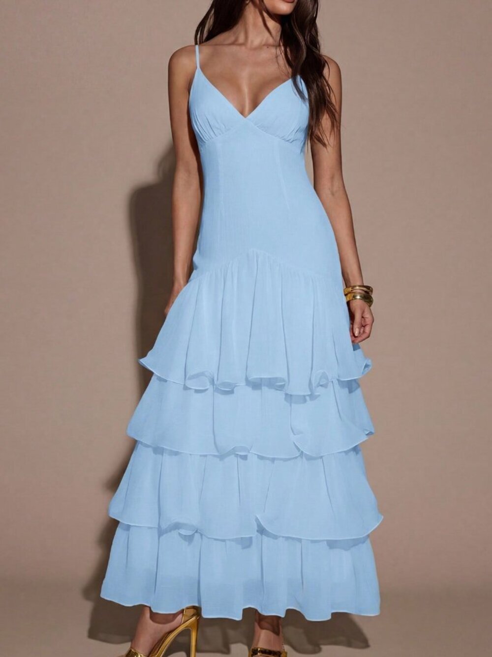 Baby Blue Sexy Women's Ruffled Hem Elegant Spaghetti Strap Dress